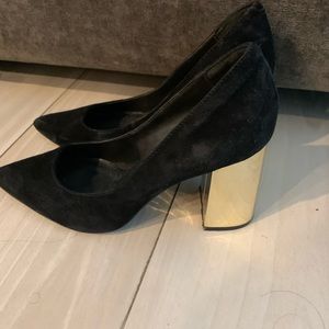 Black suede Steve Madden pumps with gold block heel